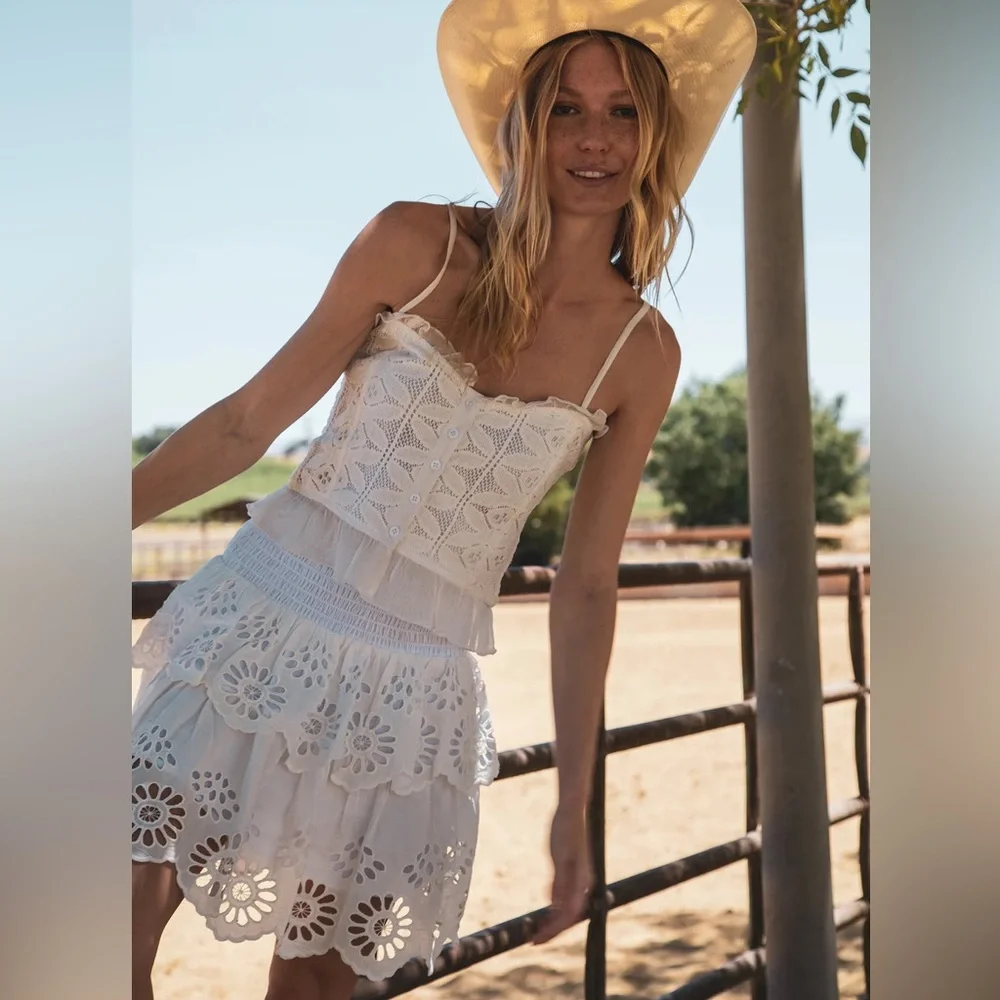 NIGHTCAP Free People white cotton lace boho hippie eyelet mini skirt top XS